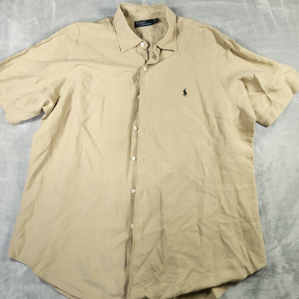 Polo Ralph Lauren‎ Shirt Mens XL Beige Linen Silk Blend Short Sleeve Button Down